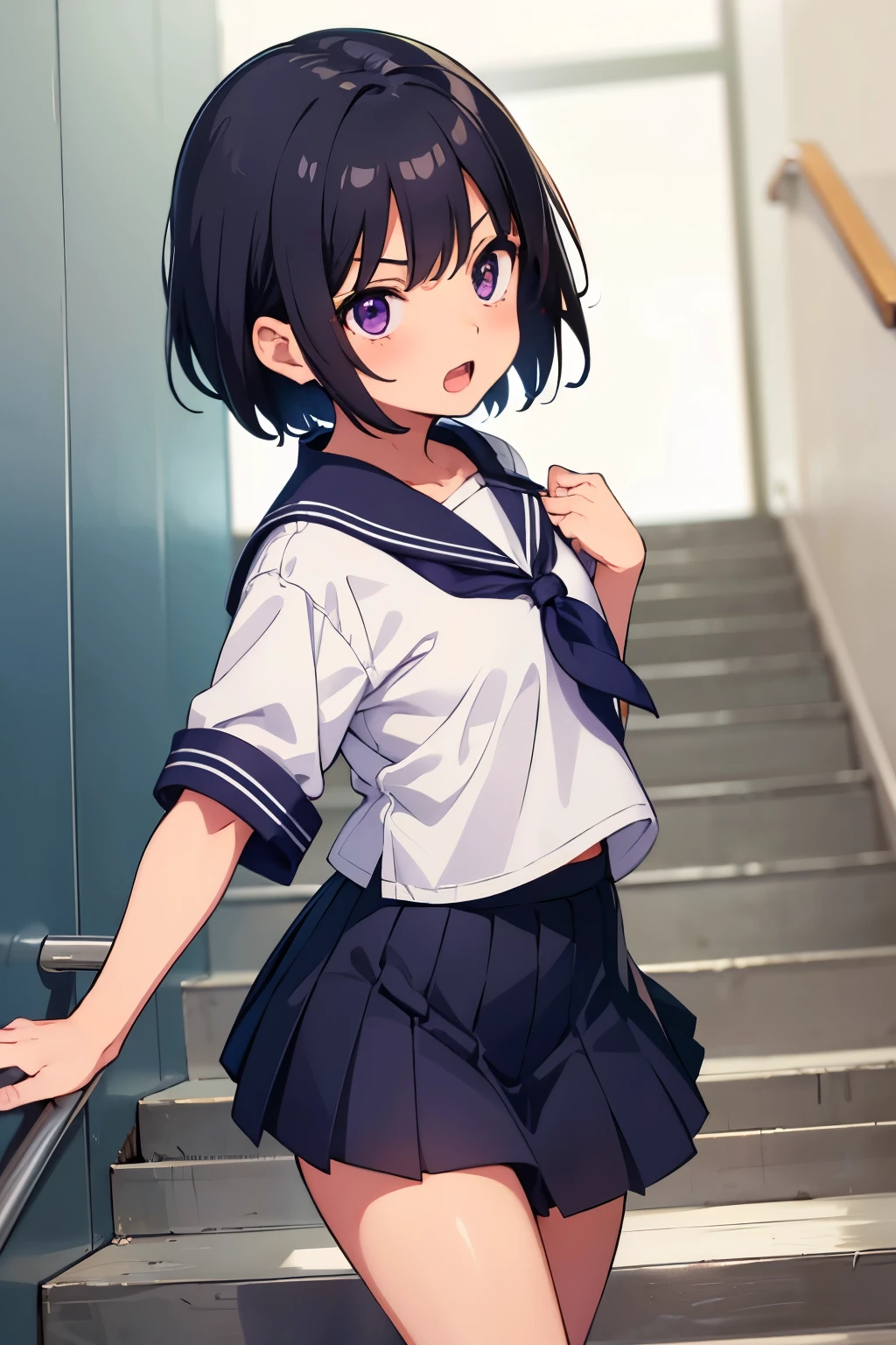 , , toddler, flat chest, bl Wavy short hair Purple Eyes Open mouth and screaming Angry White short-sleeved sailor uniform top Navy blue mini skirt White panties((I can see her panties)) White socks sneakers School stairs Climbing stairs Upper body close-up Dynamic Angle Low - Angle