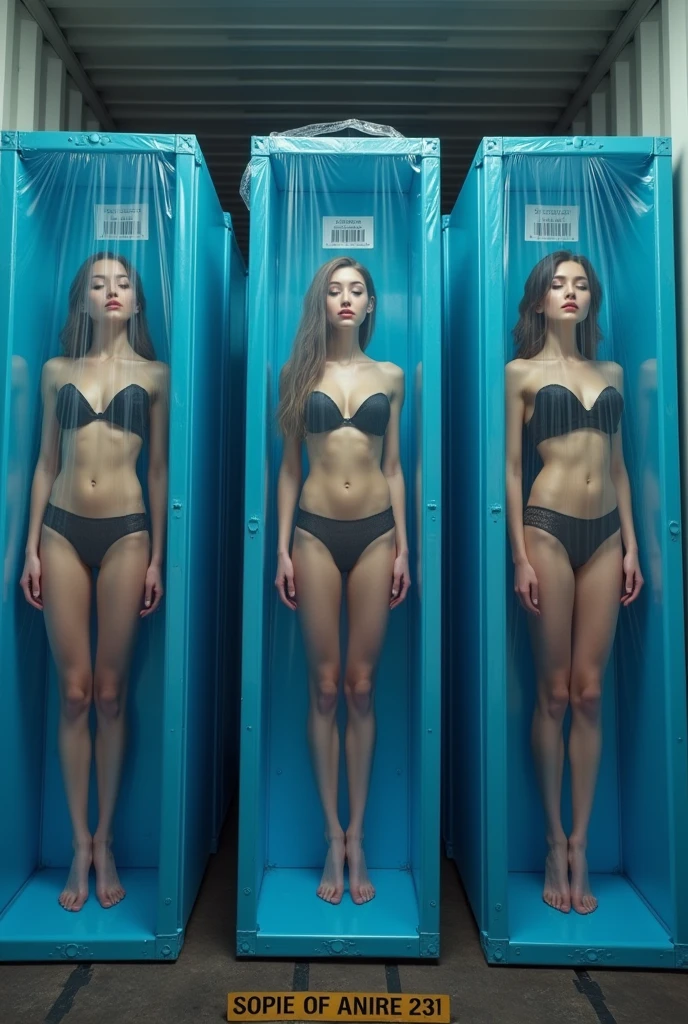 Sexually-stimulating clones packed in huge duralumin cases、Wearing default shorts and crop top、buffer material、attachment、Expressionless、Skin texture is the same as human、Beautiful, detailed face and eyes that men will love、Beautifully detailed mouth 、Beautifully detailed décolletage、Beautifully detailed large breasts、Beautifully detailed cinched waist、Beautifully detailed navel、Beautifully detailed thighs