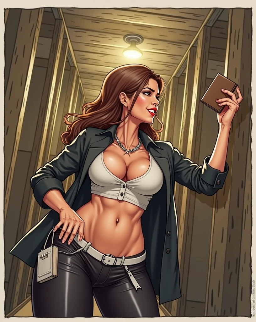 Masterpiece, best quality, Masterpiece, best quality, 1 woman, wavy brown hair, sunglasses , sly face , naked , abdomen, big breasts , , stand on your hips , wall , tunnel , nighttime