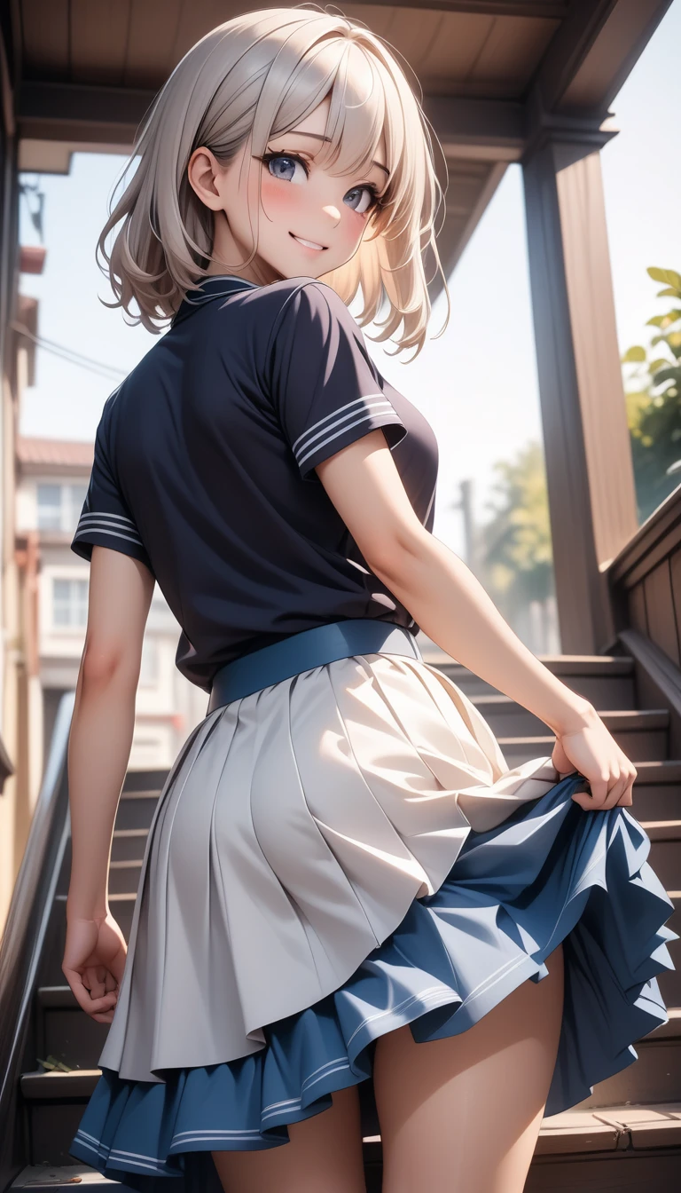 (highest quality, High resolution, perfect pixel, Depth of bounds written, 4K), detailed eyes, (1 girl), (from behind:2.0), (from below), panty shot, perfect body, medium breasts, blond hair, (side ponytail), white t-shirt, see through, (v-neck), (black suspender skirt), waist, necklace, (standing), (leaning forward), (touch the wall:1.2), blush, surprised, open mouth, wet,