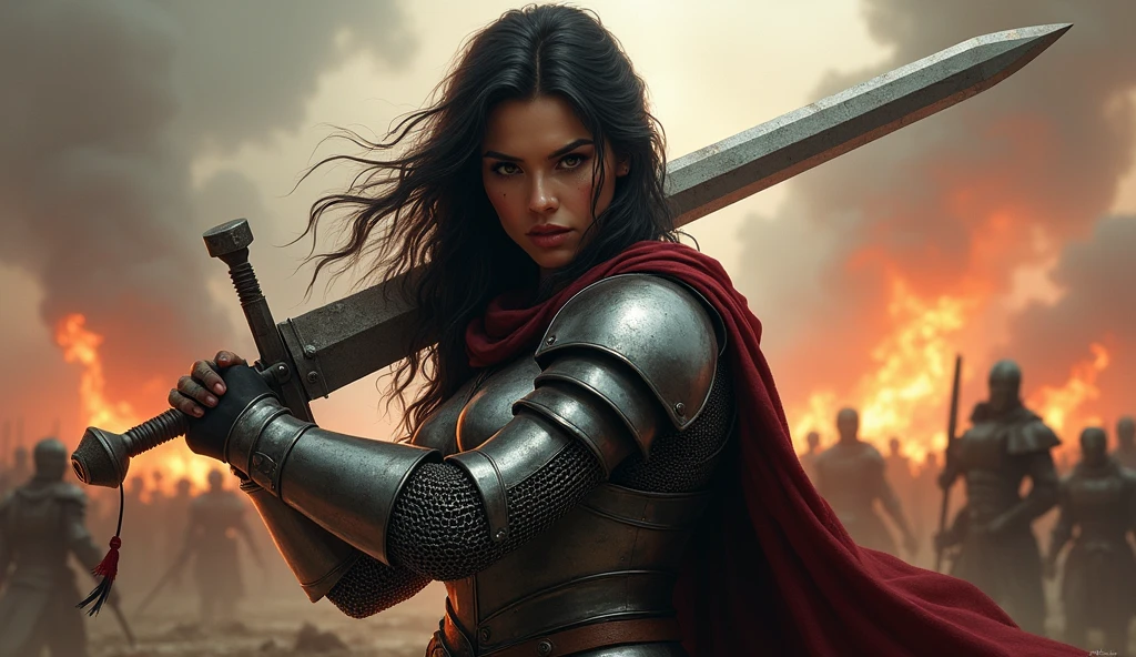 Highest quality,Beautiful woman,whole body,Fighting expression,1 person,(Black Hair,Blue Eyes),war,Warrior,knight,Engulfed in flames,Lots of demons