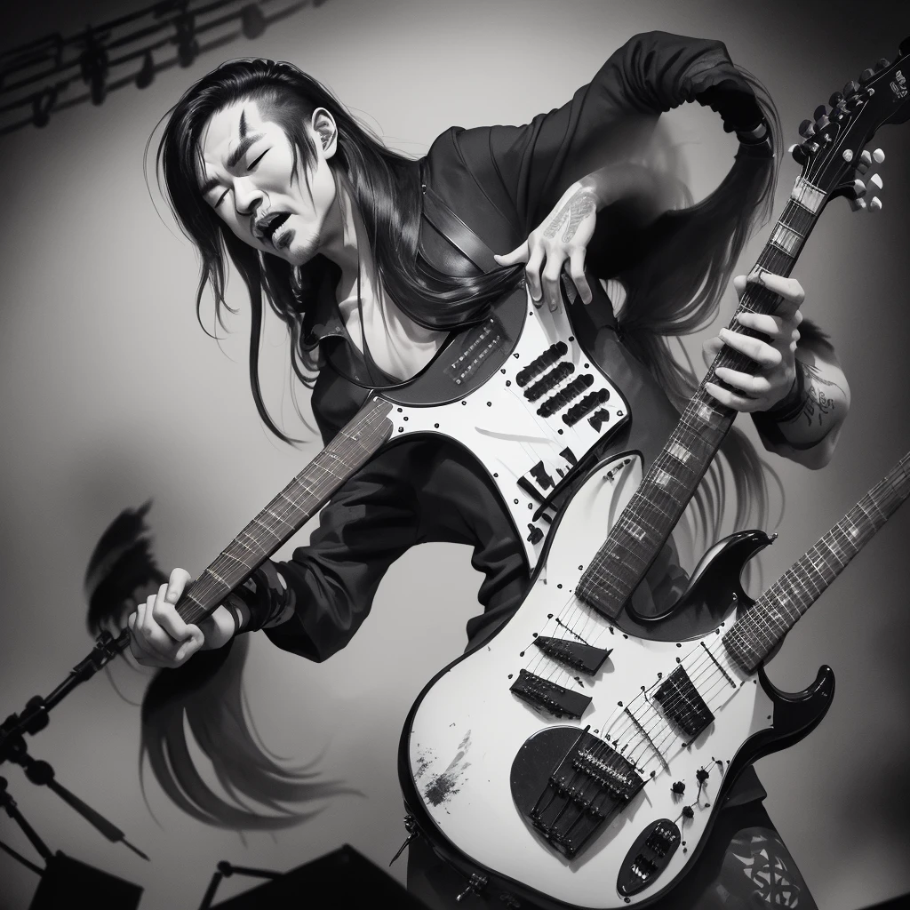 chinkstyle, ink painting, monochrome, man playing electric guitar on stage, long hair covering face, headbanging, goth, masterpiece, 8k, high resolution, shallow depth of field, sharp focus