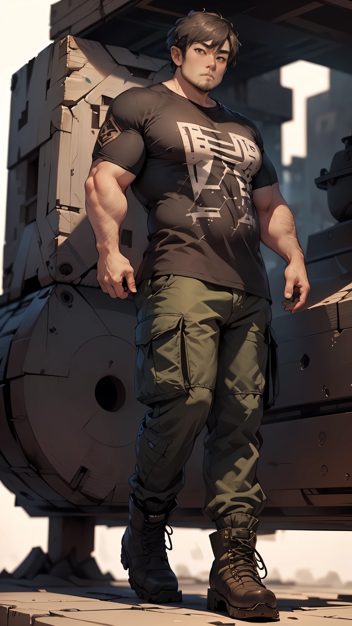 Masterpiece,best quality,独奏, 1 Japanese man, (large body,droopy eyes, small eyes:1.2), (Angular face, cracked chin:1.5), (camouflage long t-shirt, black cargo pants, black work boots:1.2),(short hair,square cut:1.pressionless,Are standing,:1.1),(Plain background:1.5),(True Face,bustshot:1.2)