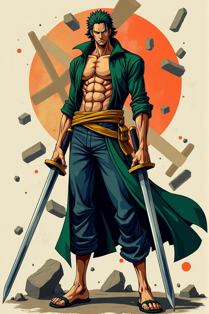 I need help designing a tattoo sleeve that includes the characters Zoro from one piece, like