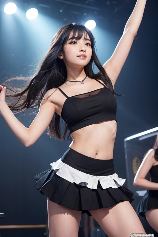 A caucasian woman with black skirt with white radiation symbol on chest Making a clenched fist gesture upwards --auto --s2