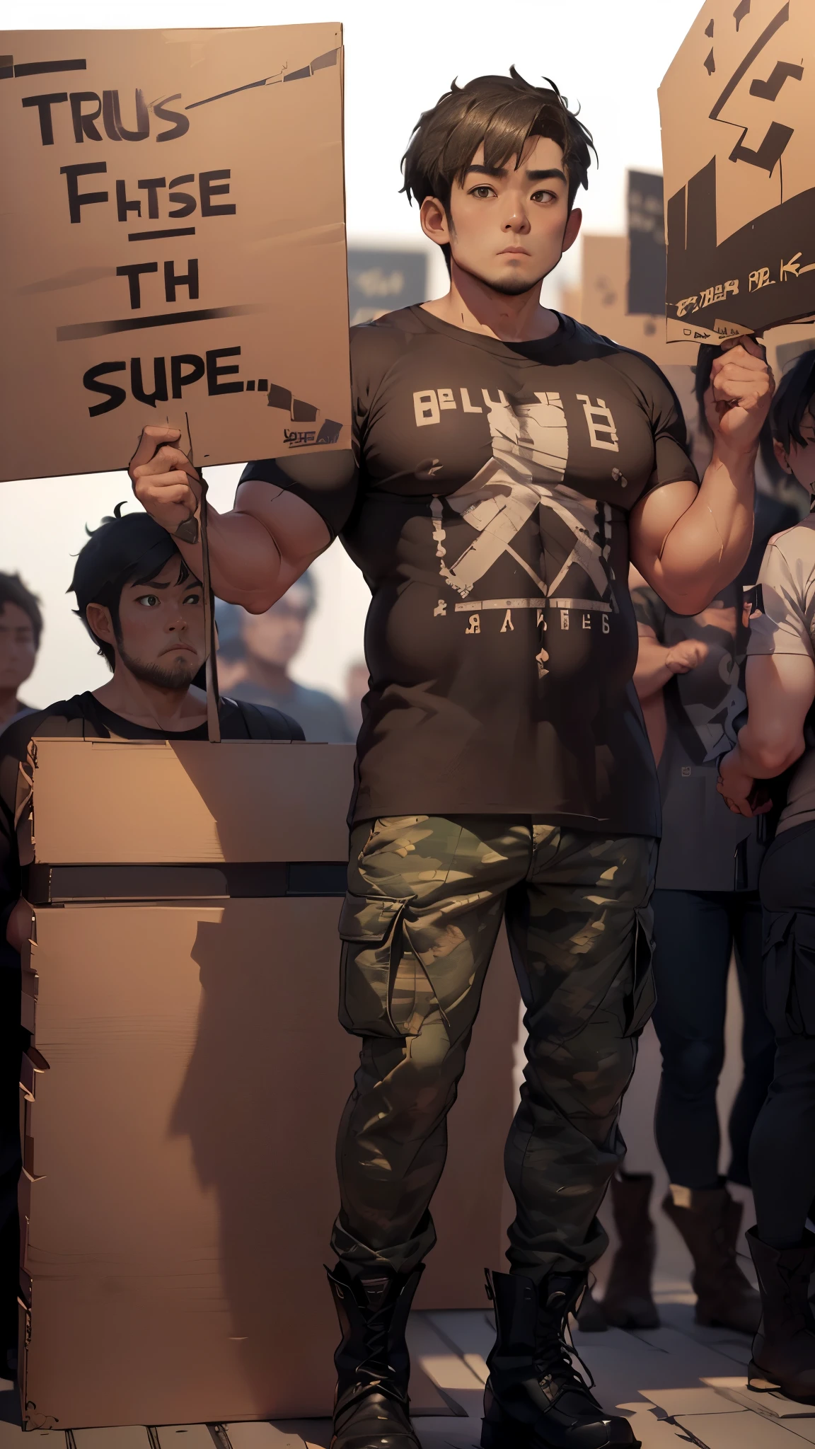 Masterpiece,best quality,独奏, 1 Japanese man, (large body,droopy eyes, small eyes:1.2), (Angular face, cracked chin:1.5), (camouflage long t-shirt, black cargo pants, black work boots:1.2),(short hair,square cut:1.pressionless,Are standing,Holding up a placard:1.5),(Plain background:1.5),(True Face,bustshot:1.2)