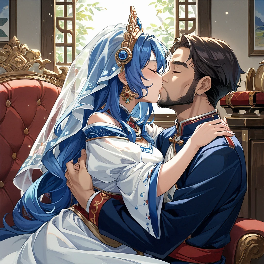 ((Highest quality)), ((masterpiece)), (detailed), （Perfect Face）、The woman is Extia and has blue hair.、The woman is wearing the traditional Indian dress, a sari.、The woman is embracing and kissing a middle-aged Indian man with a beard in their wedding ceremony.