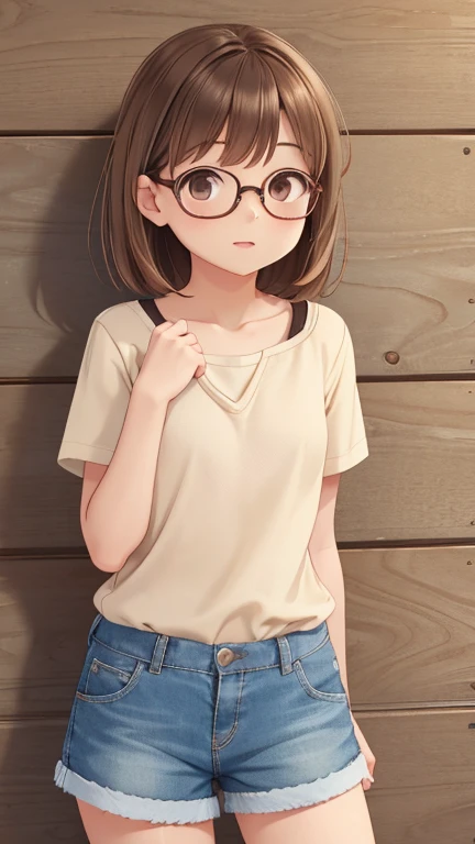 1 cute brown eyed girl with glasses, checkered shirt, linen shorts, realistic shorts, tousled short brown hair