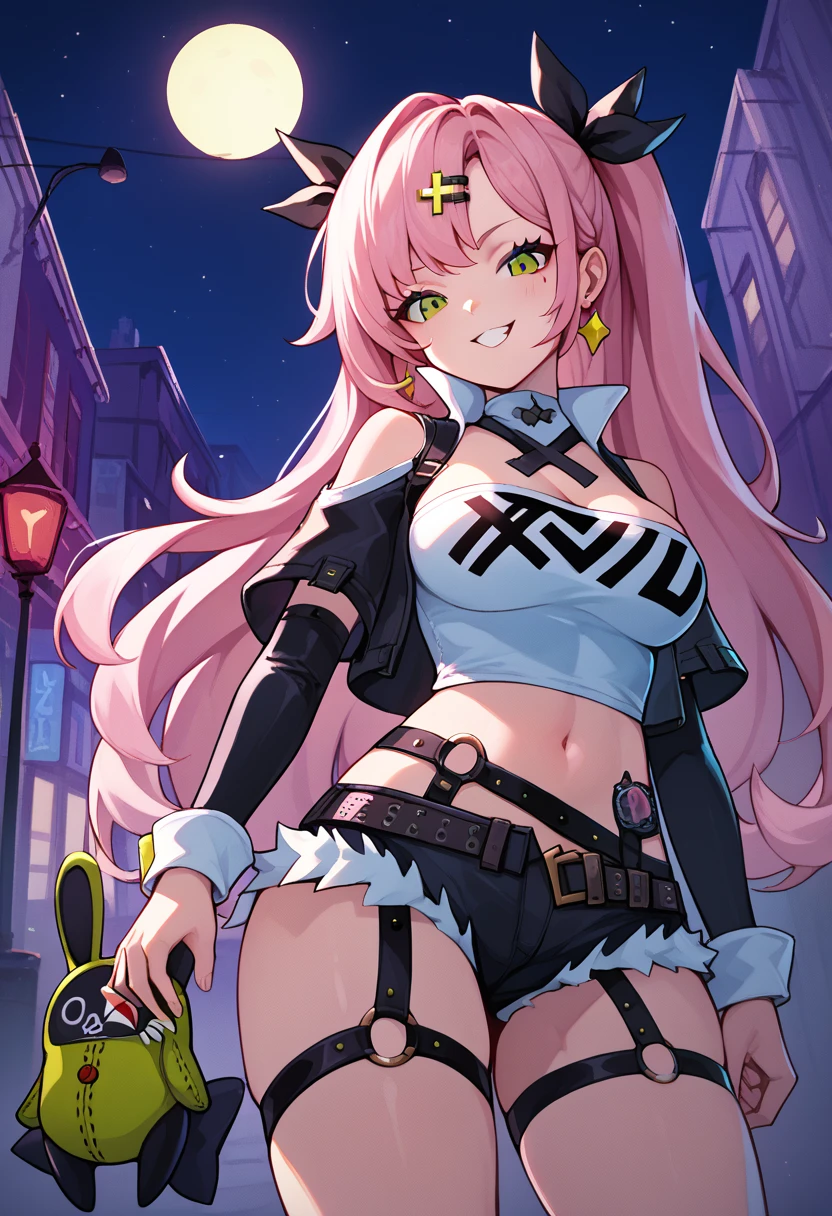 masterpiece, best quality, very detailed, very detailed,illustration, 1 woman, Nicole starts, hair ribbon, hairpin, earring, Black color, tube top, Single thigh height, short, cropped jacket, belt, thigh straps, separated sleeves, doll, standing, put hands on hips, cowboy shot, night street, mesugaki,{{futanari}},