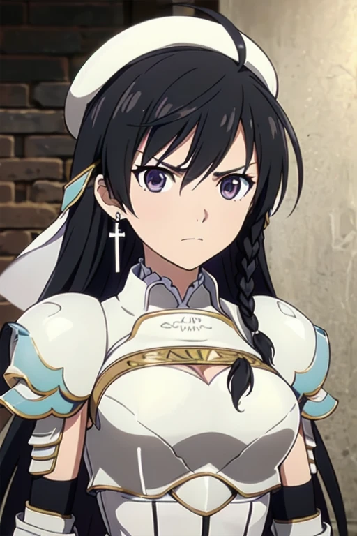 Sonia Blanche, purple eyes, long hair, (very dark brown hair), (black hair), cross earrings, hair ornament, veil, armored dress, pauldrons, breastplate, (white beret), 1girl, solo, upper body, (big breasts), facing viewer, looking at viewer, angry facial expression, (close-up), indoors, against wall,