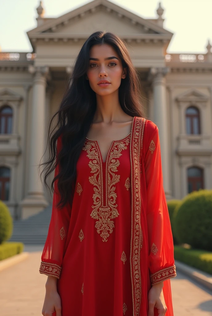 indian women, aged 25, white skin, long black hair, red churidar, full sleeves, yellow dupatta, dupatta on left shoulder, dupatta draped, rolex watch on left hand, red gloves on both hands, red leggings, standing, full image