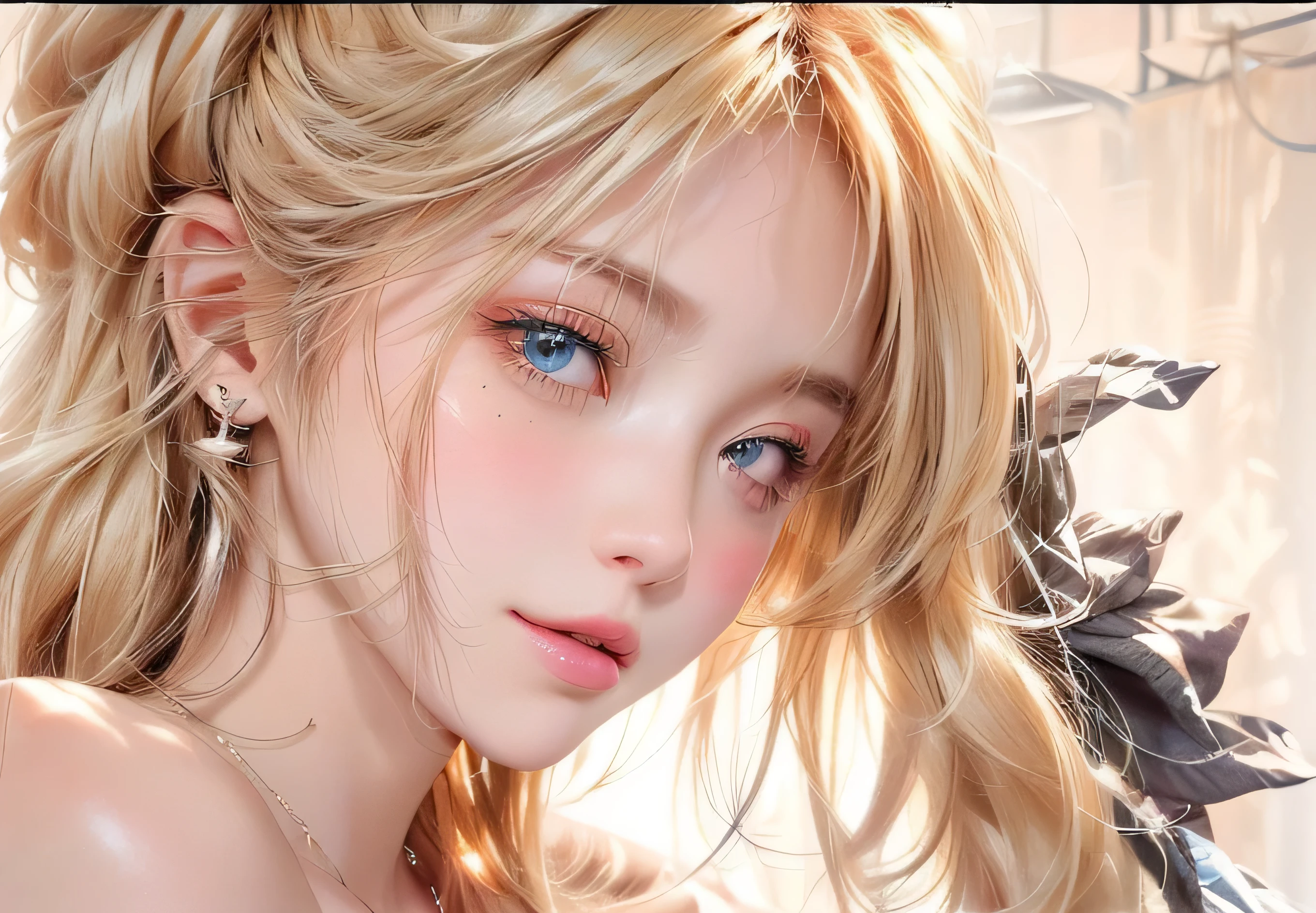 Facial expression: Blushing, mouth slightly open, eyes partially closed
Hairstyle: Long, straight, blonde hair
Clothing: Dark clothing visible at the neck
Accessories: None visible
Pose: Tilting head slightly backward, mouth open
Gaze: Eyes partially closed, not focused on anything specific
Skin condition: Light skin tone with a slight blush, smooth skin
Background environment: Pastel, light background
Lighting and color: Soft, diffused lighting with a warm color tone
Context and atmosphere: Intense, intimate, slightly otherworldly
Photography techniques: Close-up angle with a focus on the face, shallow depth of field
### Caption
An intense close-up shot of a character with long blonde hair, blushing, and partially closing her eyes, creating a dramatic and intimate atmosphere against a soft, pastel background, realistic, anime, detailed lighting, UHD, edge lighting, Masterpiece, highest quality, high resolution, detail maniac, high definition, high quality