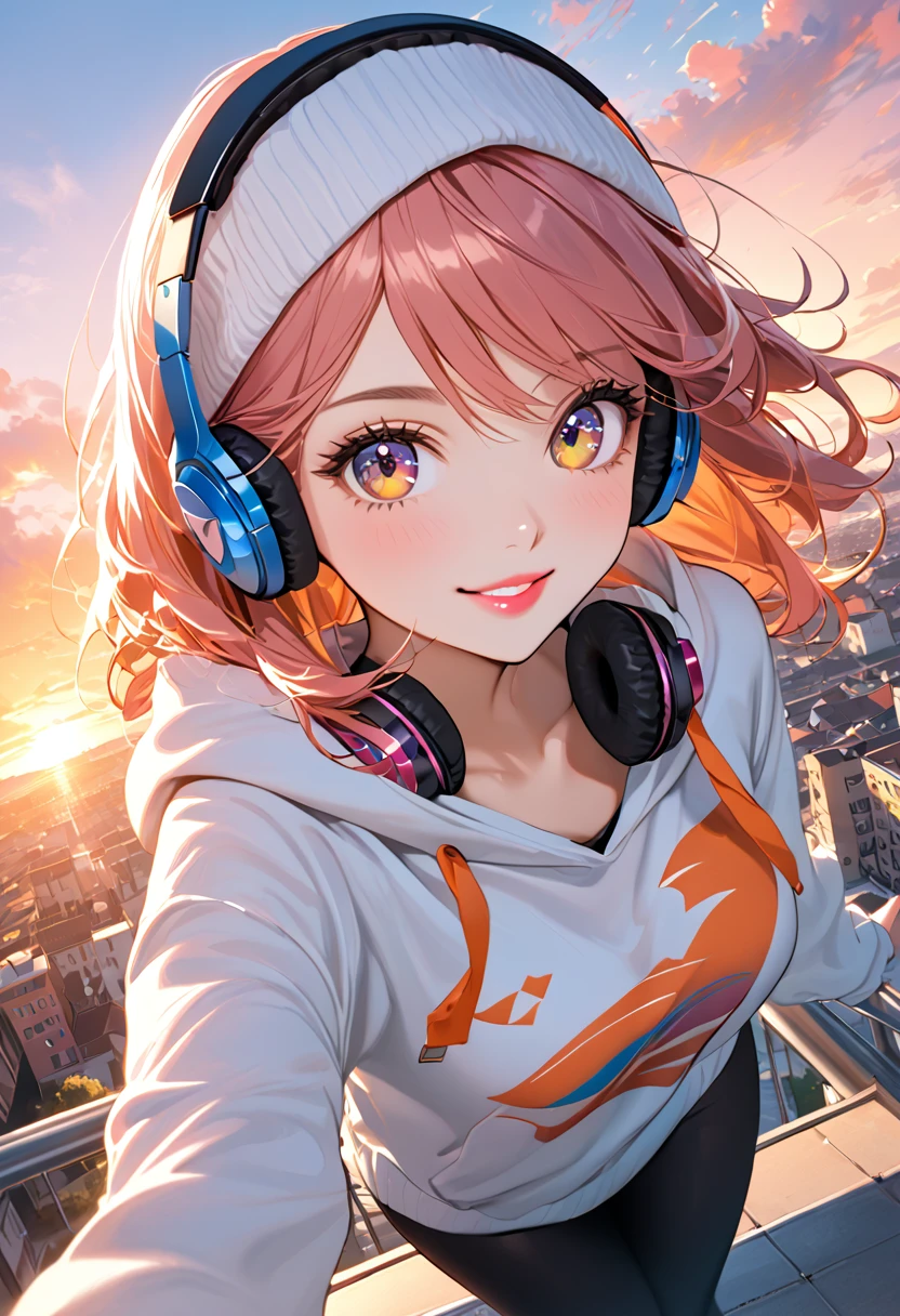 A woman with headphones and a hooded sweater. Super nice, pink lips, large eyes, multi-colored eyes, long eyelashes, sonirisa. Nice smile, beautiful face. short stature, looking happily at the camera. perspective from above, Looking up, looking to the camera, hands inside the sweater. skater. urban landscape. Sunset.