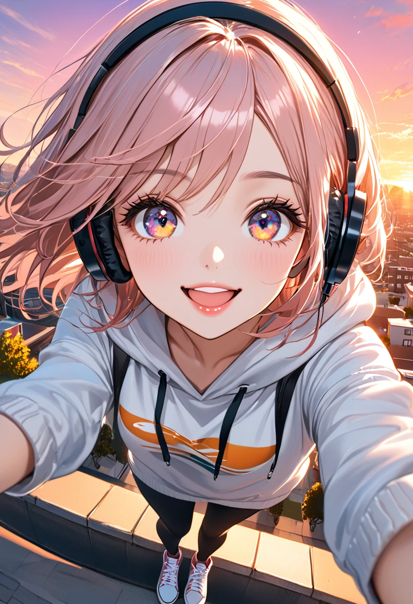 A woman with headphones and a hooded sweater. Super nice, pink lips, large eyes, multi-colored eyes, long eyelashes, sonirisa. Nice smile, beautiful face. short stature, looking happily at the camera. perspective from above, Looking up, looking to the camera, hands inside the sweater. skater. urban landscape. Sunset.