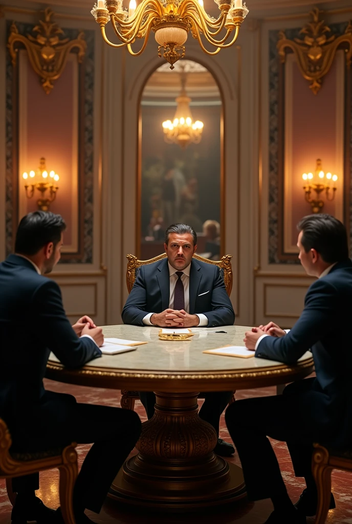 Two American Mafia men in suits，A man sitting on a chair with his legs crossed，Another one stood behind him，Centered on an American Mafia，The background is a mafia high-end room, Biographical films, Promotional image, High quality photos, Art work, Wim Wenders, [ drama ], 2022 , [ Movie, author：Emma Andijewska, High-quality screenshots, author：Dan Frazier, 4k static, netflix, High-quality stills, a24 ，High quality face，Clear facial features