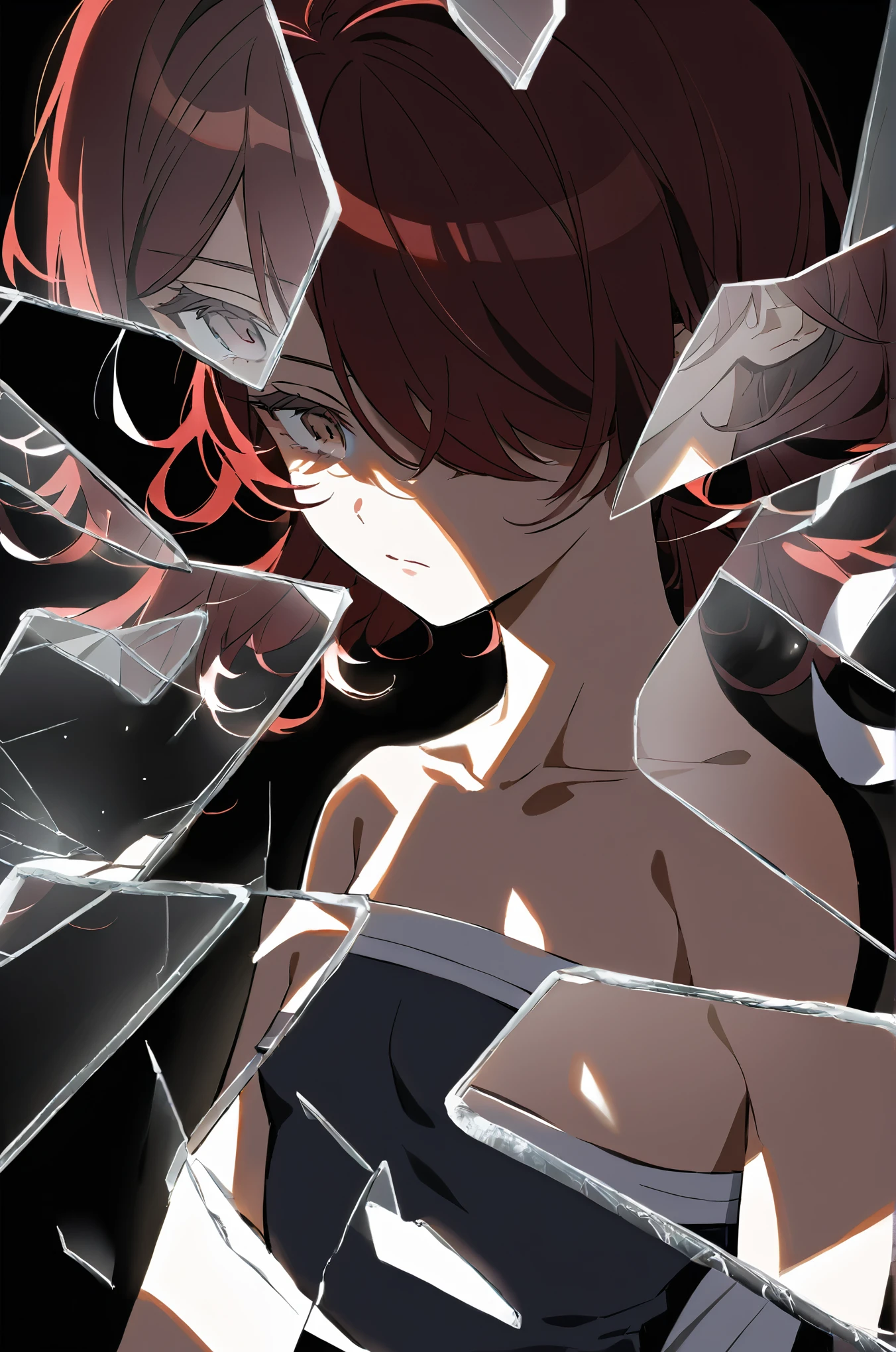 Gray eyes, shadows over eyes, dark red hair, swept bangs, low twin tails, white ribbons, gray strapless shirt with white trim, black jeans, small breasts, toned arms, soft light, soft shadows, broken glass, reflection, black background,