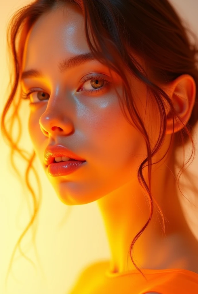 **A beautiful and gorgeous Brazilian model, with honey-colored eyes and loose brown hair, immersed in the center of a mixture of liquid paints in no particular order, but which create a spectacular, unique and brilliant background**