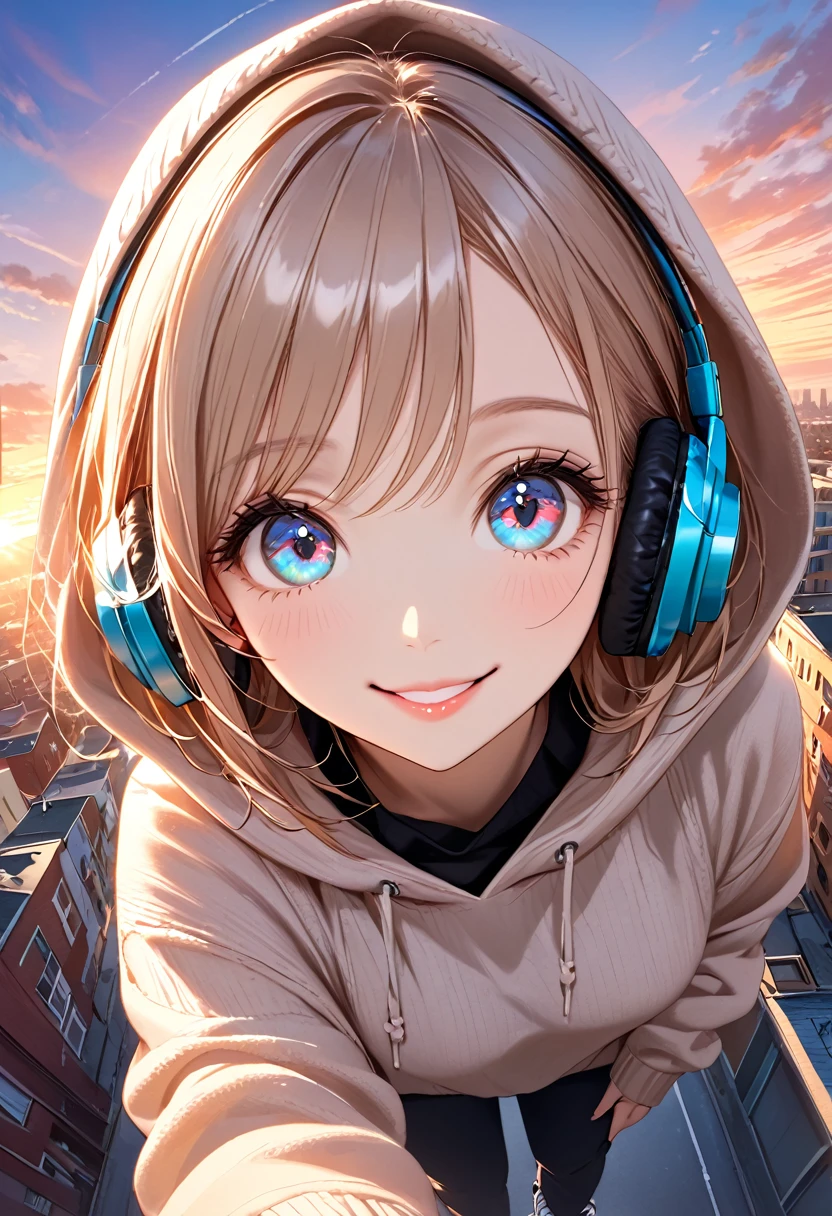 A woman with headphones and a hooded sweater. Super beautiful, pink lips, large eyes, multi-colored eyes, long eyelashes, smile. Linda smile, beautiful face. short stature, looking happily at the camera. perspective from above, Looking up, looking to the camera, hands inside the sweater. Skater. urban landscape. Sunset.