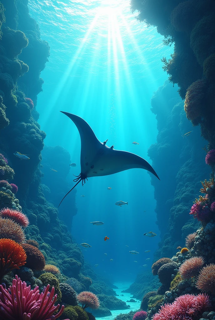Boy swimming holding on to the back of a manta ray seen from above
