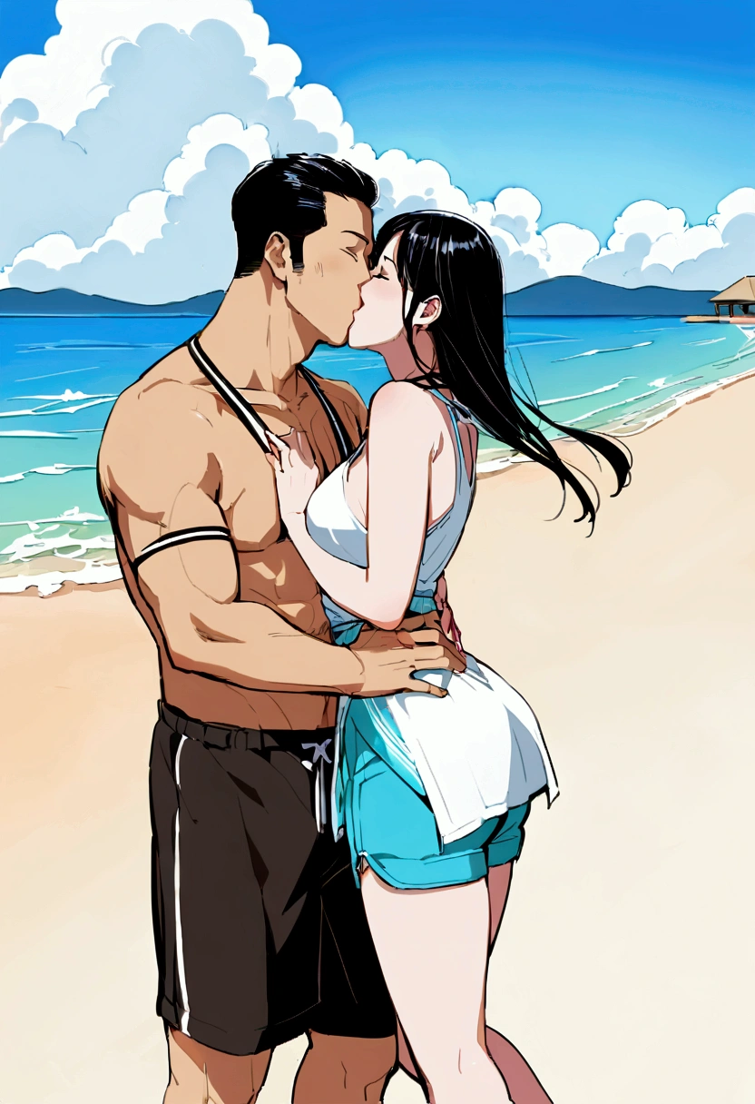 A realistic photo of a couple. He has tattoos on his chest and arms, he has short hair. She with black hair, with long braids. The two of them are on a beach. She looks at the camera