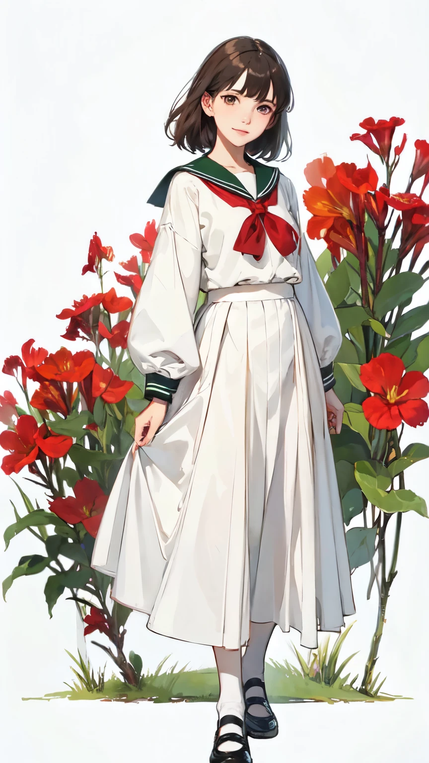 ((Watercolor of singer Sargent))、Impressionist style painting、The Art of Edouard Bisson、(Highest quality、masterpiece)、(1 girl、alone、whole body、natural standing posture)、(Detailed facial depiction、A kind smile)、(Portraiture:1.2)、Short dark brown hair、White Sailor Suit、Green sailor collar、uniform、Long skirt、Pleated skirt、shoes、(Vintage、Classic)、(Red canna flowers blooming)、((White Background))、Blur the background、