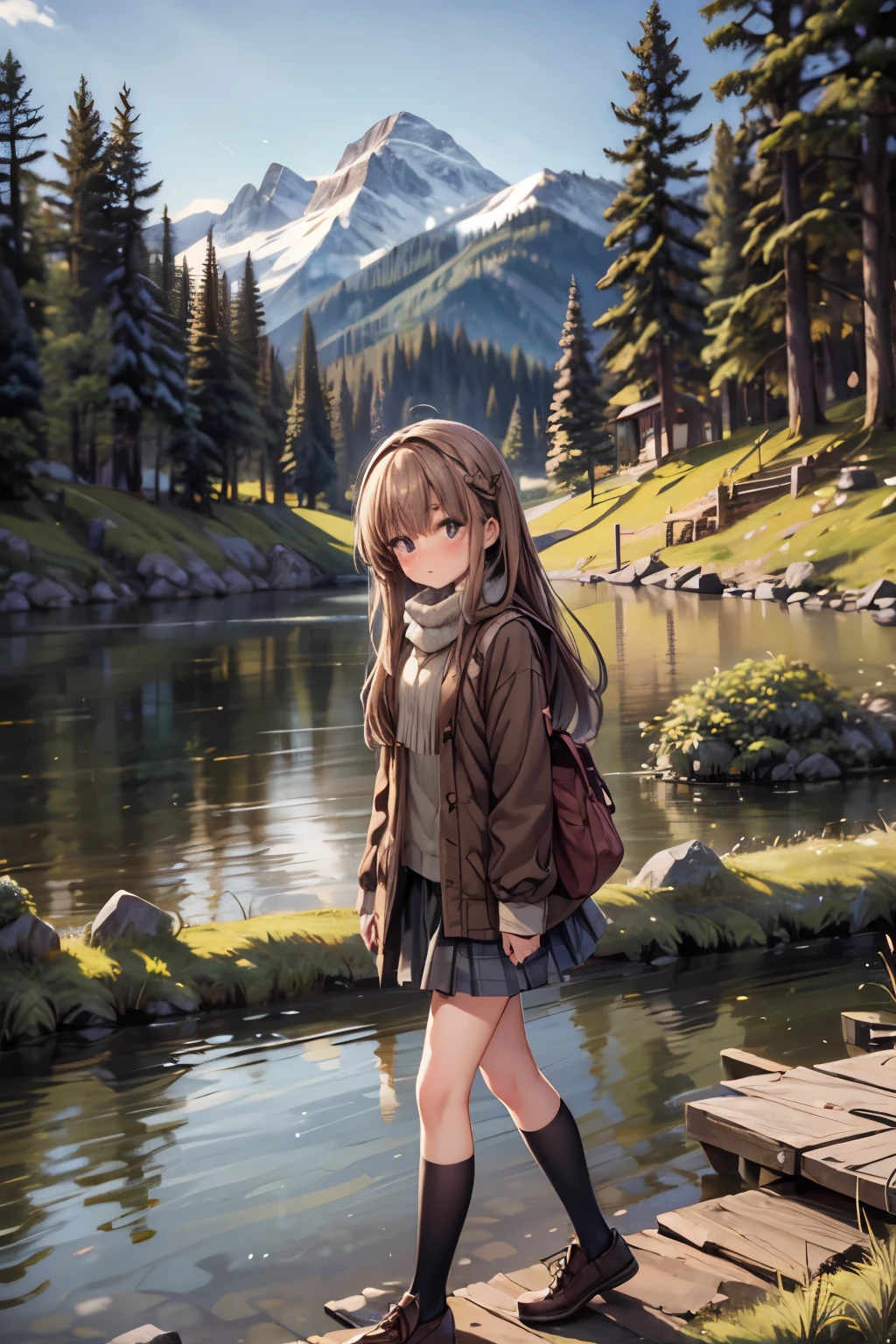 girls walk in a forest, majestic mountain, golden hour, snow-capped peaks, serene lake, clear reflection, calm water, tall pine trees, natural scenery, outdoor, soft warm light, shadows on mountains, tranquil atmosphere, wide-angle shot, deep depth of field, sharp focus on entire landscape, balanced exposure, soft pastel sky, clouds above mountains, girl walk in the forest,