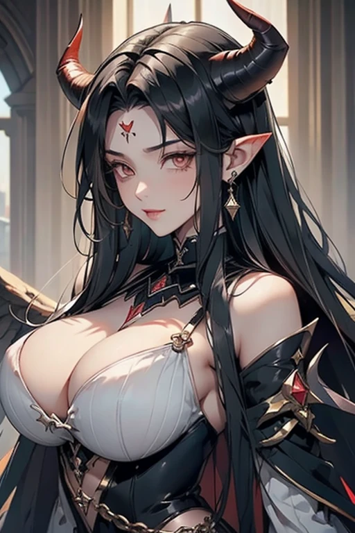 female cadres、Enemy Characters、cool、Big Breasts、Black Hair、Long Hair、Hair tip perm、Horns growing、Devil horns、Pointy Ears、frontview、Full Shot
