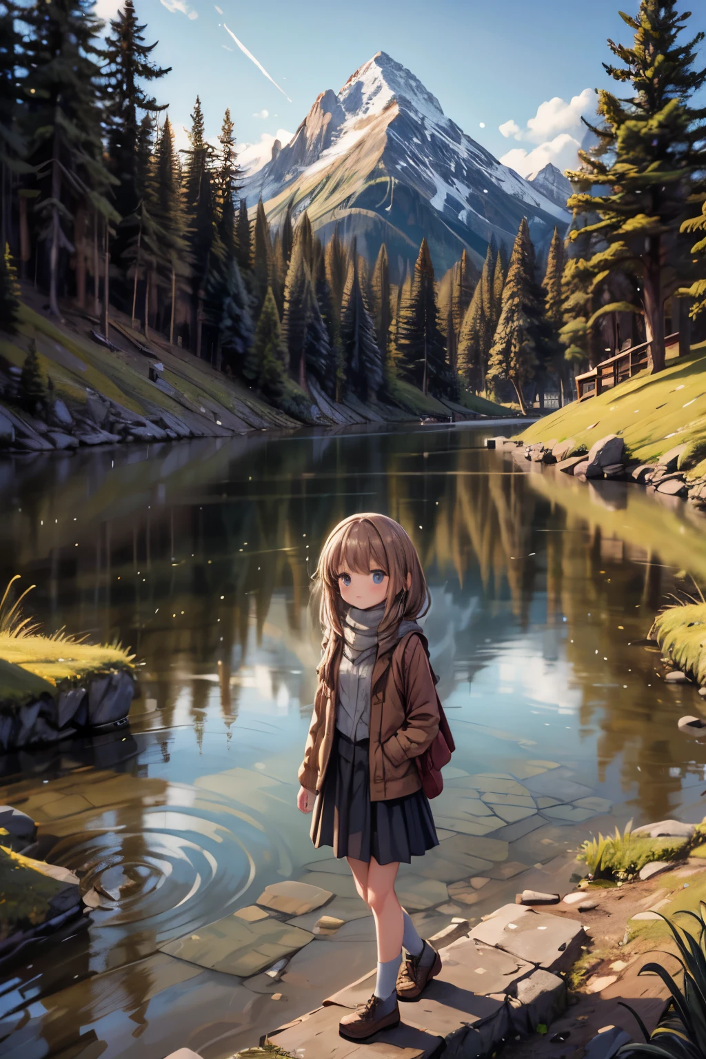 girls walk in a forest, majestic mountain, golden hour, snow-capped peaks, serene lake, clear reflection, calm water, tall pine trees, natural scenery, outdoor, soft warm light, shadows on mountains, tranquil atmosphere, wide-angle shot, deep depth of field, sharp focus on entire landscape, balanced exposure, soft pastel sky, clouds above mountains, girl walk in the forest,