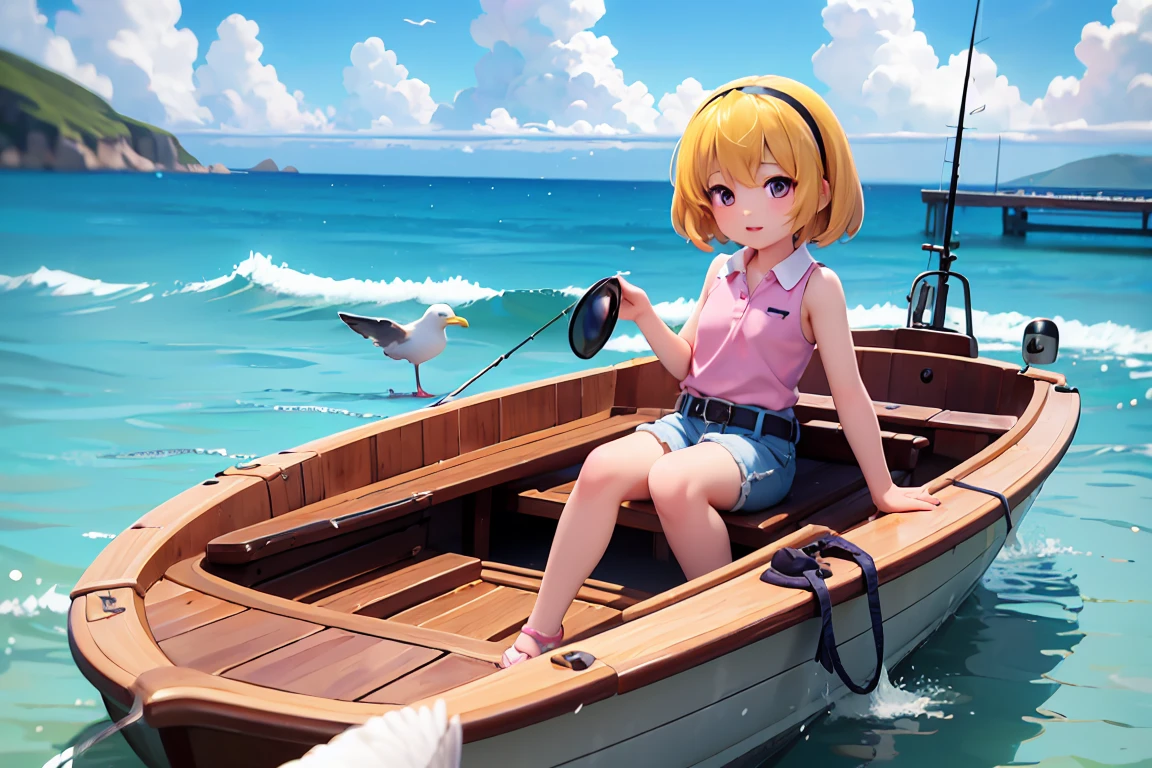 (Summer pier), blue sea, Deep blue sky, White cloud, (Satoko Hojo), woman, alone, Yellow Hair, blonde, Purple eyes, short hair, hair band, Flat Chest, １１age, Collared shirt,Sleeveless shirt,(Pink Shirt), White Belt, Denim shorts, Calm waves, Seagull, fishing boat,  Chibi Figures, 