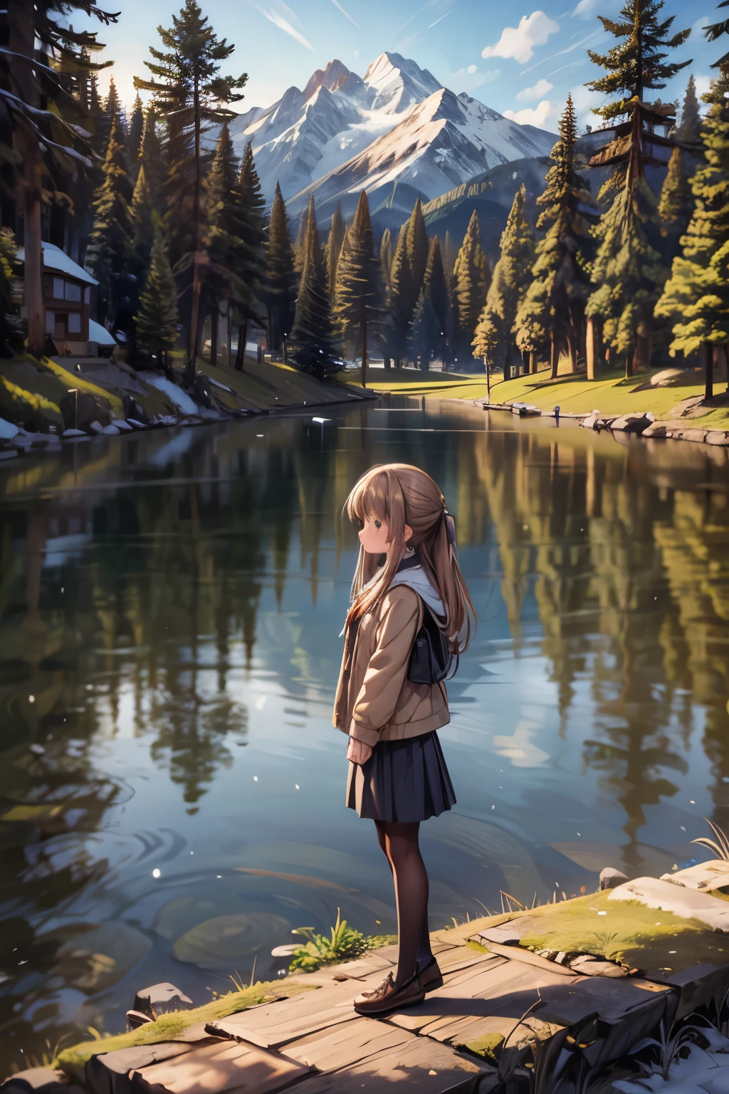 girls walk in a forest, majestic mountain, golden hour, snow-capped peaks, serene lake, clear reflection, calm water, tall pine trees, natural scenery, outdoor, soft warm light, shadows on mountains, tranquil atmosphere, wide-angle shot, deep depth of field, sharp focus on entire landscape, balanced exposure, soft pastel sky, clouds above mountains, girl walk in the forest,