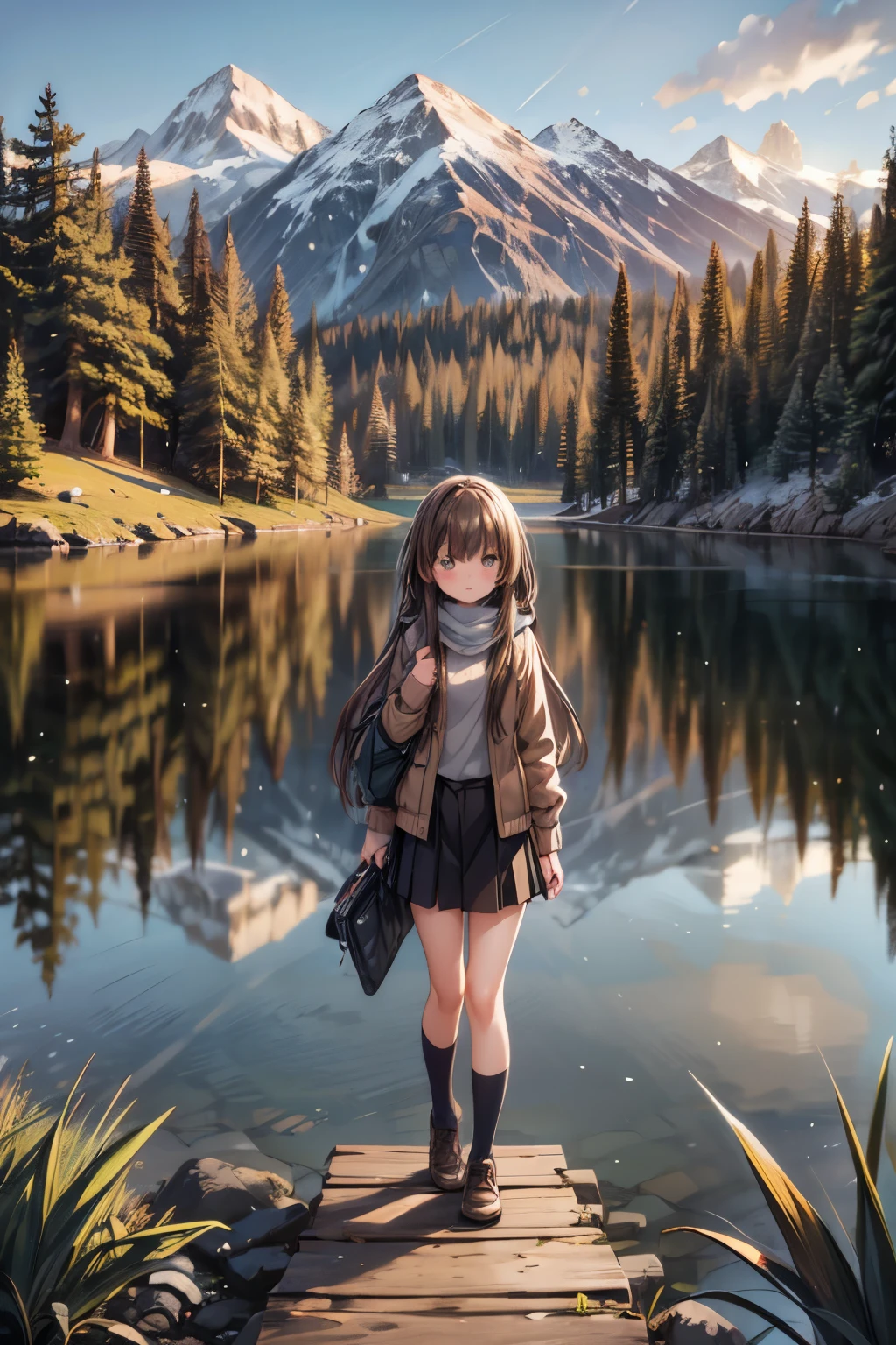 girls walk in a forest, majestic mountain, golden hour, snow-capped peaks, serene lake, clear reflection, calm water, tall pine trees, natural scenery, outdoor, soft warm light, shadows on mountains, tranquil atmosphere, wide-angle shot, deep depth of field, sharp focus on entire landscape, balanced exposure, soft pastel sky, clouds above mountains, girl walk in the forest,