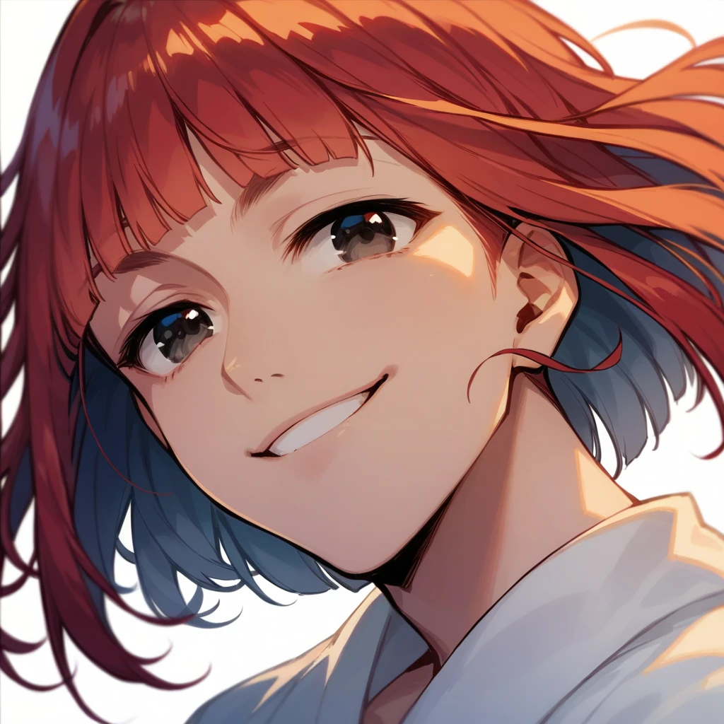 score_9, score_8_up, score_7_up, masterpiece, ultra-detailed, pretty eyes, 1man, solo, red hair, Medium hair, hime cut, half closed eyes, Black Eyes, smile, white T shirt, White background, Simple background, face Close-up