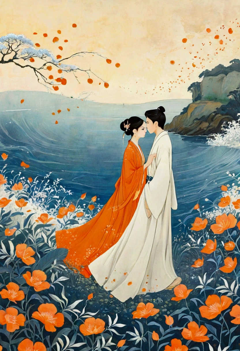 **title:** 

一条peaceful的小路，Surrounded by a stunning sea of blue foliage, with two minimalist figures walk towards each other; one in a Bright orange dress and the other in a flowing white gown.

**Label:**

- **Background:** outdoor, artistic, Surrealism, Complex patterns - **Colors and patterns:** blue and white leaves, Bright orange dress, White robe - **Graphic details:** Two numbers, simple design, walk, Face to face **Background and atmosphere:** serene, full of imagination, peaceful, Dreamlike - **Lights and colors:** Uniform lighting, Cool colors, Graphics和背景之间的高对比度 - **Art style:** Modern, Abstract, Graphics, Illustrative