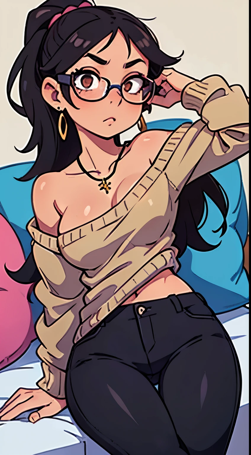 c00lw0rld, 1girl, curvy blue eyed futanari with long wavy black hair and small breasts, smug, armpits, (transparent_shawl):4.0, on sofa, one knee up, lewd, (extreme_nsfw), (female with flaccid_penis), cumming