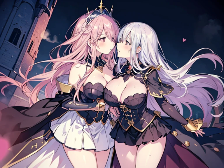 ((2girl),(yuri,lesbian),(mature female,milf)),(kiss,nipple-to-nipple,(Stare deeply into each other's eyes)), (Delicate fantasy style illustration), ( Black Demon Lord, White Princess),(masterpiece,best quality,high-resolution,detailed fingers,detailed hands,detailed eyes,detailed legs:1.5), ( gold hair,pink hair, blue hair, long hair,shiny hair:1.3), ((huge breasts),beautiful breasts,curvy),(Castle at night,In front of the altar), ((blush),(steam:1.3),(Sweaty)), (spoken heart)