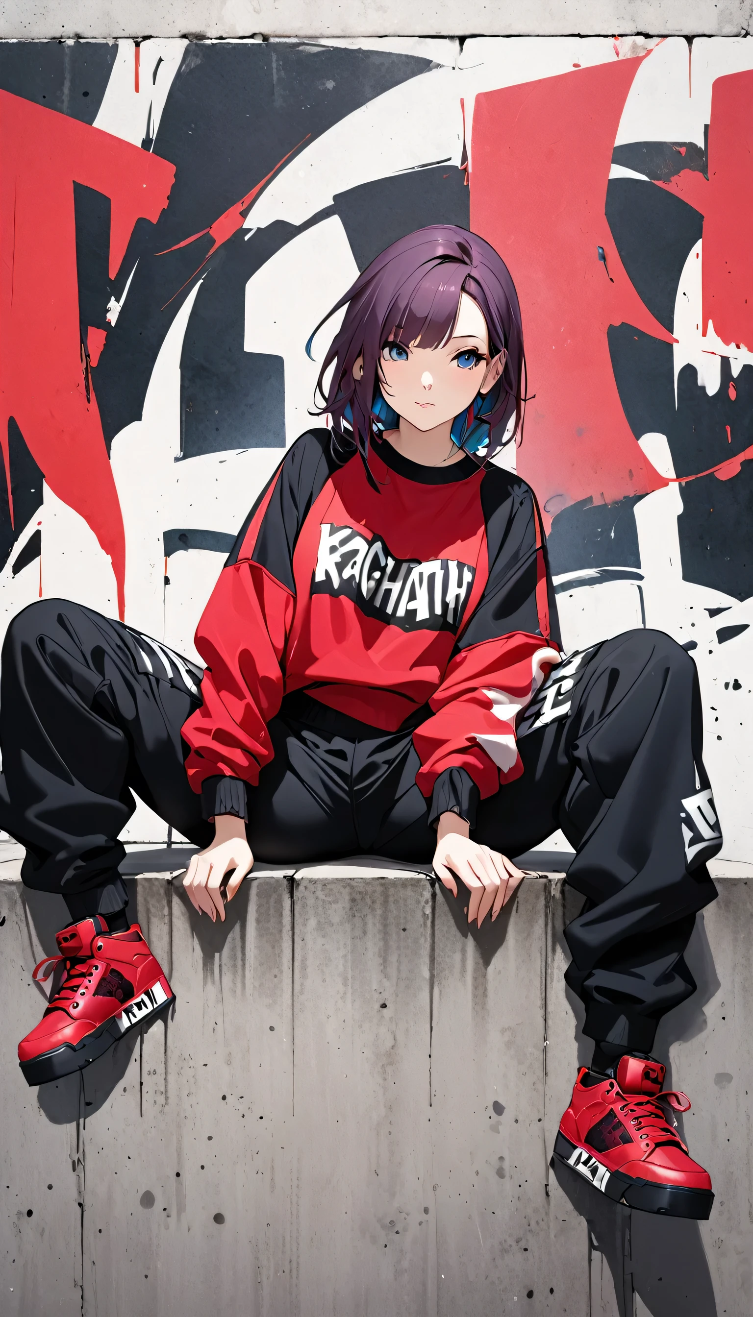 PHOTO OF A GIRL ADULT NAME AGATHA, WEARING STREET HIP-HOP CLOTHES, BARRIER HIP-HOP PANTS, RED SHOES, SITTING ON A WALL WITH AN ABSTRACT CALLIGRAPHY PAINTING