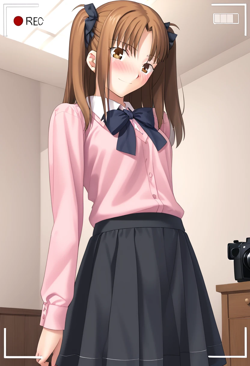 masterpiece, absurdres, (high quality), (detailed lighting), detailed skin, detailed character design, ultra-high resolution, perfectly composed, clear, breathtaking attention to detail, highres, ultra detail, 8k wallpaper,girl,young,Yumizuka Satsuki, brown eyes, brown hair, parted bangs, sidelocks, two side up, jirai kei, pink shirt,black skirt, ribbon, solo focus, low angle,smile,full blush,shy,((Camera viewfinder)), erotic posture