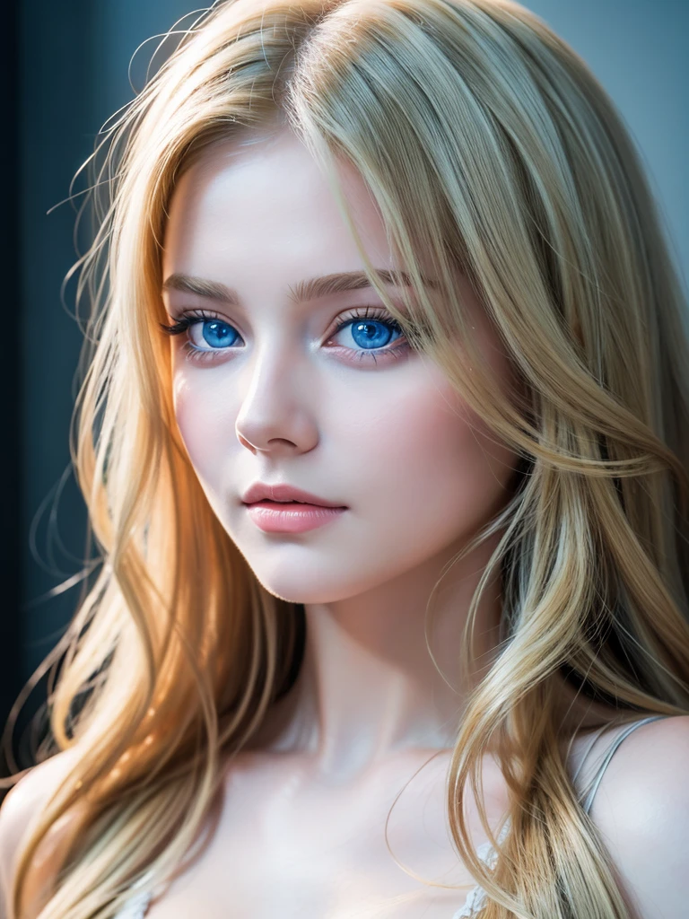 (best quality, high-quality, masterpiece:1.2, 4k full HD, half body photo) of girl, (blonde girl, pale skin, big blue eyes, long hair, light smile, blushing), (beautiful girl:1.2, cute face, dynamic pose), (most detailed photography, HD wallpaper), (ecstasy of light and shadow, volumetric light and shadows:1.2), (contest winner photo by lee jeffries, Greg Rutkowski and Magali Villanueva)