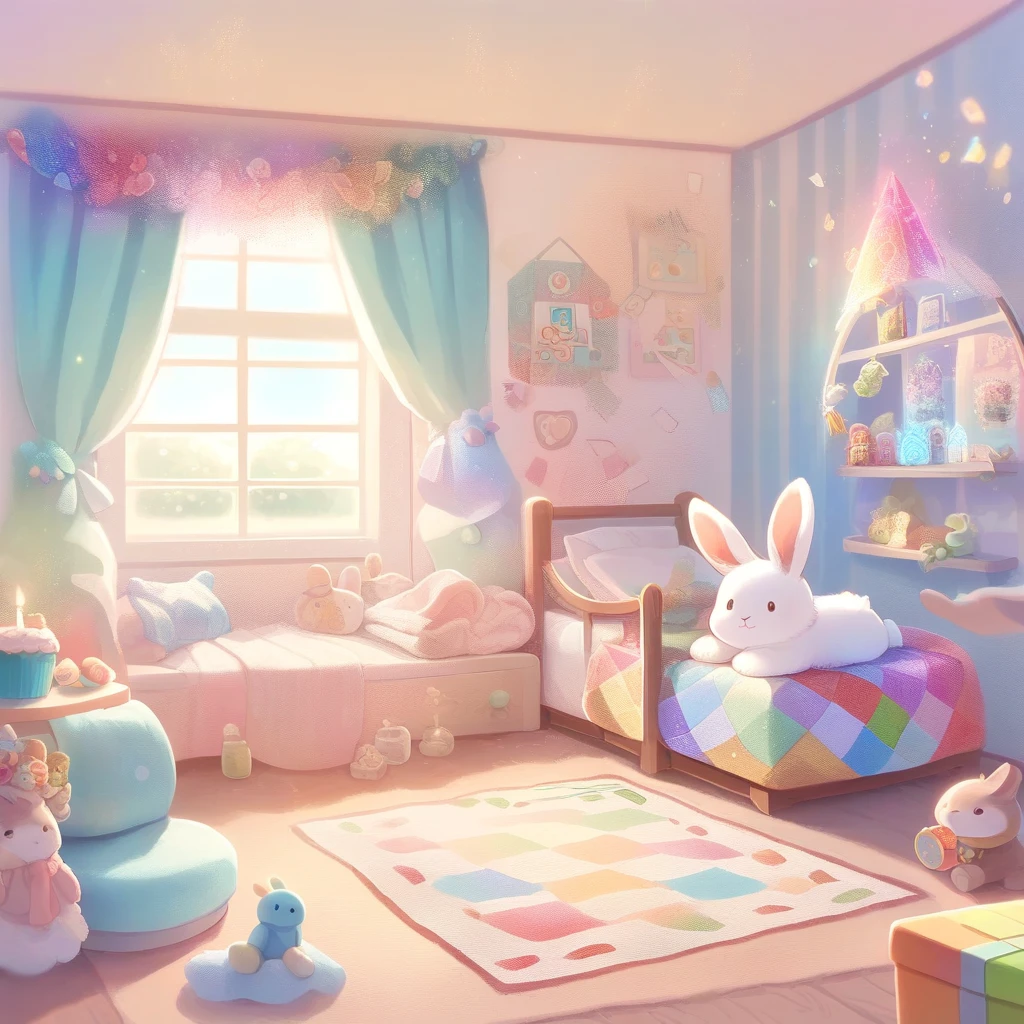 cuteAn illustration,Rabbitの幼稚園,Rabbitの親子:animal:cute:approach:Comfortable and warm:looks happy,An illustration,pop,colorfulに,color,,Lamp light,Rabbitの親子:Dreaming happily,The room is warm and full of happiness..,,colorful,Fancy,Fantasy,patchwork:quilt,detailed explanation,fluffy,Randolph Caldecott Style,Rabbit,最高にcuteRabbit,fluffyRabbit,birthday,birthdayケーキ,Sparkling,Magical Effects,Magic Light,Magical Effects,Dream world,Wall Decor,celebration,Confetti,