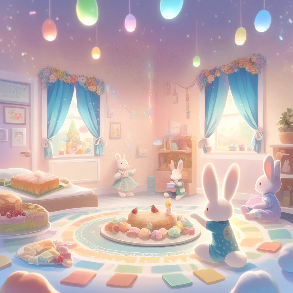 cuteAn illustration,Rabbitの幼稚園,Rabbitの親子:animal:cute:approach:Comfortable and warm:looks happy,An illustration,pop,colorfulに,color,,Lamp light,Rabbitの親子:Dreaming happily,The room is warm and full of happiness..,,colorful,Fancy,Fantasy,patchwork:quilt,detailed explanation,fluffy,Randolph Caldecott Style,Rabbit,最高にcuteRabbit,fluffyRabbit,birthday,birthdayケーキ,Sparkling,Magical Effects,Magic Light,Magical Effects,Dream world,Wall Decor,celebration,Confetti,