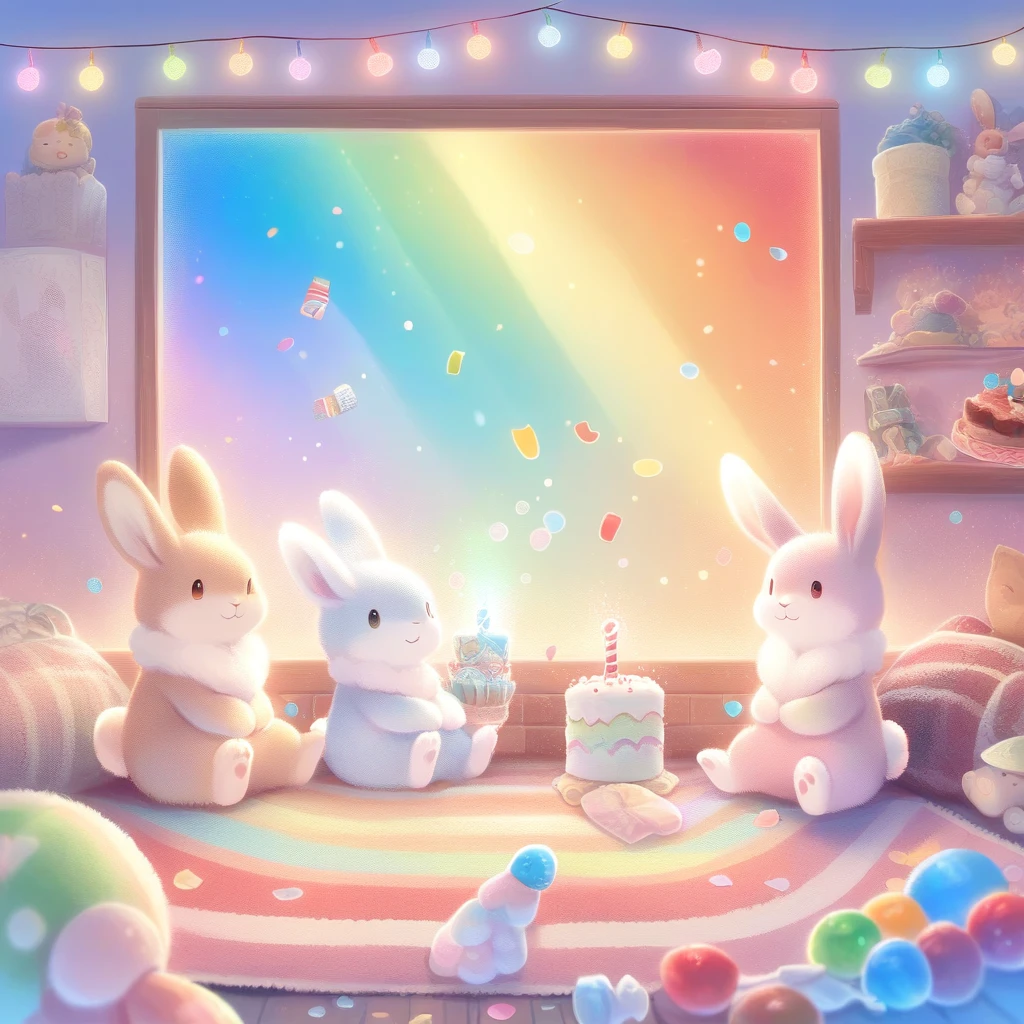 cuteAn illustration,Rabbitの幼稚園,Rabbitの親子:animal:cute:approach:Comfortable and warm:looks happy,An illustration,pop,colorfulに,color,,Lamp light,Rabbitの親子:Dreaming happily,The room is warm and full of happiness..,,colorful,Fancy,Fantasy,patchwork:quilt,detailed explanation,fluffy,Randolph Caldecott Style,Rabbit,最高にcuteRabbit,fluffyRabbit,birthday,birthdayケーキ,Sparkling,Magical Effects,Magic Light,Magical Effects,Dream world,Wall Decor,celebration,Confetti,