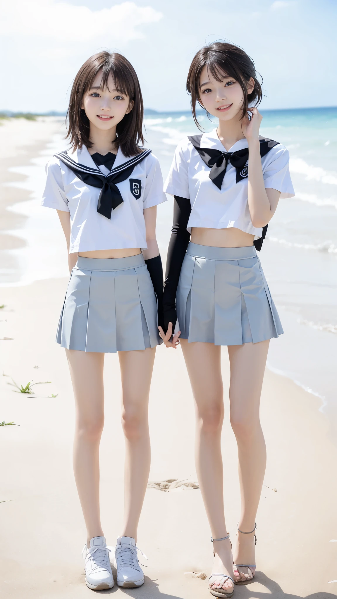 Beautiful sandy beach in the background、Cute eyes, clear eyes, detailed eyes, carefree smile, pretty smile、High detail, Textured skin, Very detailed, Ultra high definition, High-resolution model, Short torso, long legs、Detailed face、bare navel、Twins, two girls, two high school girls、(((flat chest))), (flat chest:1.1)、 14years、a junior high school student、School Uniforms、Cute, young, (Full body:1.3)、Ultra-detail、​masterpiece、top-quality、超A high resolution、8K high image quality、Photogenic clarity、A detailed eye、Real live-action、Spring outdoor、Model Standing、Beautiful posture、High detail, Textured skin, Very detailed, Ultra high definition, High-resolution model, Anatomically correct, smile, Open your mouth a little, Anatomically correct, 