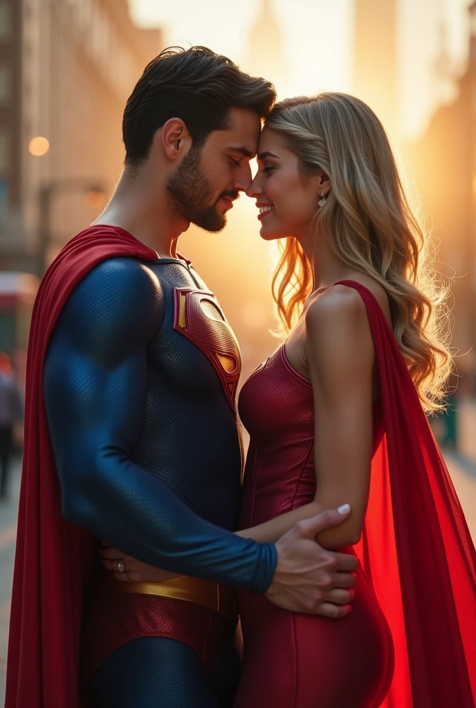 Super girl and superman are kissing, intimate, he is inserting his fingers into her vagina, lifting her skirt, city, backlit