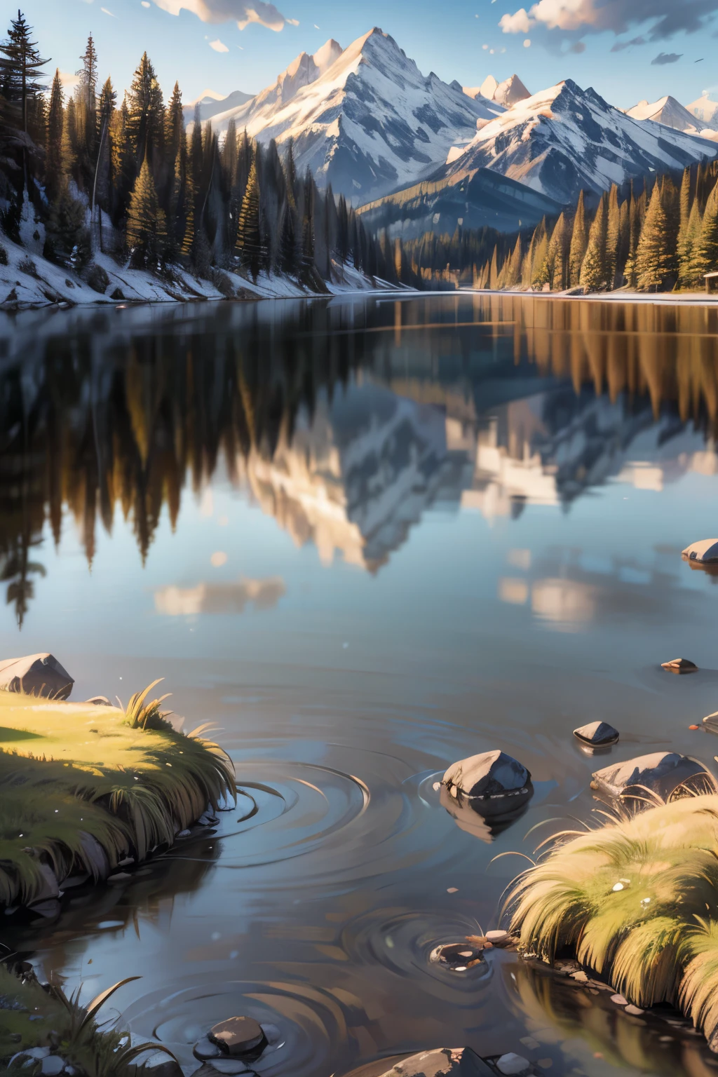 girls walk in a forest, majestic mountain, golden hour, snow-capped peaks, serene lake, clear reflection, calm water, tall pine trees, natural scenery, outdoor, soft warm light, shadows on mountains, tranquil atmosphere, wide-angle shot, deep depth of field, sharp focus on entire landscape, balanced exposure, soft pastel sky, clouds above mountains, girl walk in the forest,