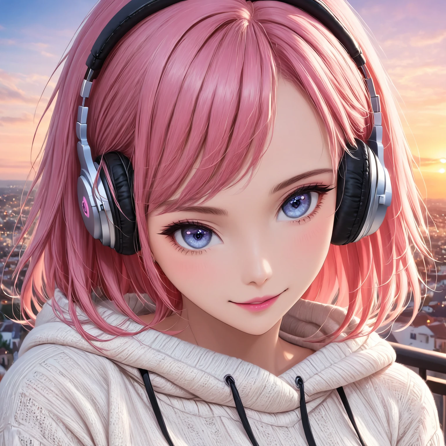 A woman with headphones and a hooded sweater. Super beautiful, pink lips, big eyes, eyes of various colors, long eyelashes, smile. Nice smile, beautiful face. Short stature, looking happy. pink hair, long hair. hands inside the sweater. white sweater Urban landscape. Sunset.