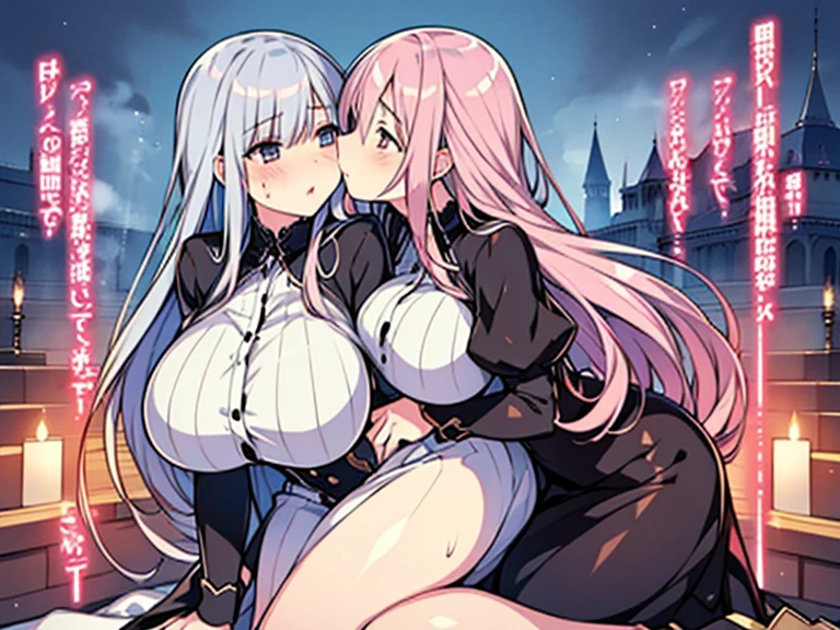 ((2girl),(yuri,lesbian),(mature female,milf)),(kiss,nipple-to-nipple,(Stare deeply into each other's eyes)), (Delicate fantasy style illustration), ( Black Demon Lord, White Princess),(masterpiece,best quality,high-resolution,detailed fingers,detailed hands,detailed eyes,detailed legs:1.5), ( gold hair,pink hair, blue hair, long hair,shiny hair:1.3), ((huge breasts),beautiful breasts,curvy),(Castle at night,In front of the altar), ((blush),(steam:1.3),(Sweaty)), (spoken heart)