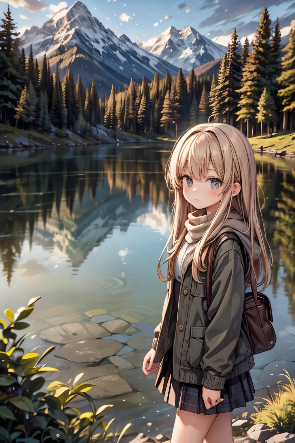 girls walk in a forest, majestic mountain, golden hour, snow-capped peaks, serene lake, clear reflection, calm water, tall pine trees, natural scenery, outdoor, soft warm light, shadows on mountains, tranquil atmosphere, wide-angle shot, deep depth of field, sharp focus on entire landscape, balanced exposure, soft pastel sky, clouds above mountains, girl walk in the forest,