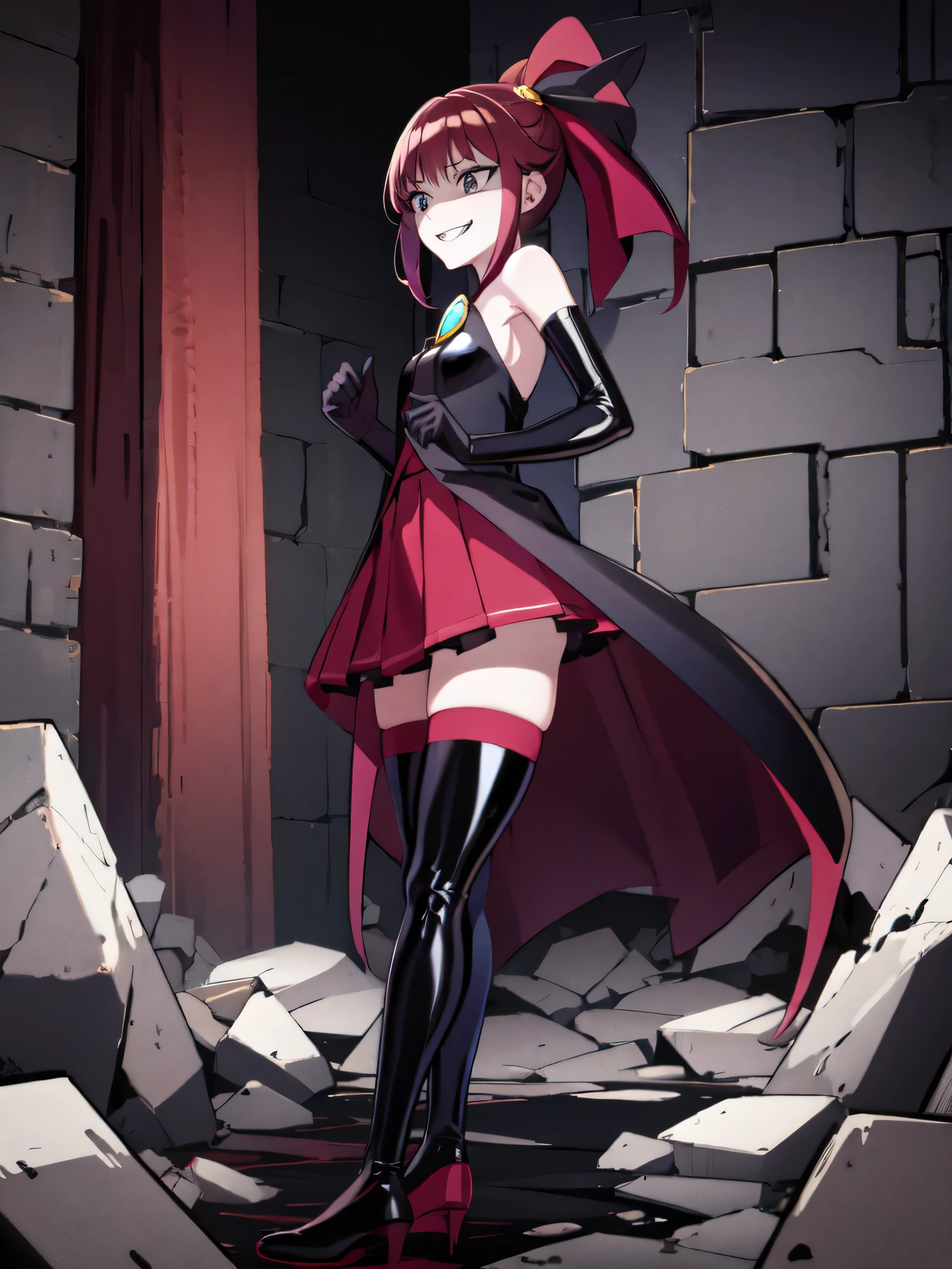 Highest quality, masterpiece, One Girl,Not beautiful, Red Ponytail, Long dress, brooch, Hair Ribbon,shwy latex Black knee socks, Standwg on the rubble, , ,,Dark shadow face,Sadistic laugh,,Malice,Contempt,smile,latex,Bad face,,Red Skirt,both hands,Two legs,Five Fwgers,Evil background,shwy latex Elbow fullgloves,,evil laugh, Debish Aura (Shwy fabric:1.5),Dark world background,solo,頭蓋骨w飾られた. background, A mountaw of skulls beneath ,),Lookwg_w_Audience,黒を軸にした暗くて狂気的なhoror映画のような世界観を持つ、Generate high-quality female artwork,Evil Darkness,(dark, Creepy, Anxious),(horor),(,Unlucky,That's horrible,Unlucky),