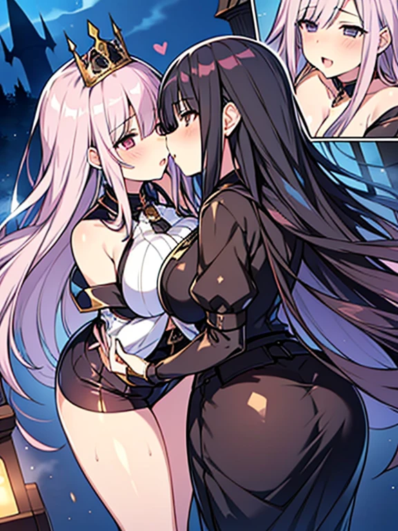 nsfw,((2girl),(yuri,lesbian),(mature female,milf)),(kiss,nipple-to-nipple,(Stare deeply into each other's eyes)), (Delicate fantasy style illustration), ( Black Demon Lord, White Princess),(masterpiece,best quality,high-resolution,detailed fingers,detailed hands,detailed eyes,detailed legs:1.5), ( gold hair,pink hair, blue hair, long hair,shiny hair:1.3), ((huge breasts),beautiful breasts,curvy),(Castle at night,In front of the altar), ((blush),(steam:1.3),(Sweaty)), (spoken heart)