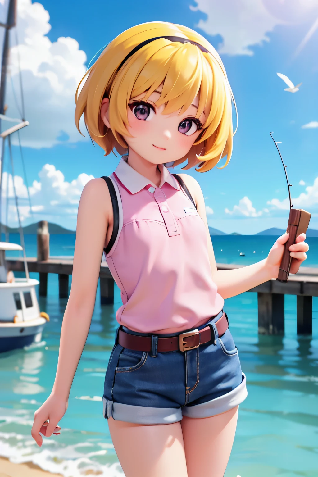 (Summer pier), blue sea, Deep blue sky, White cloud, (Satoko Hojo), woman, alone, Yellow Hair, blonde, Purple eyes, short hair, hair band, Flat Chest, １１age, Collared shirt,Sleeveless shirt,(Pink Shirt), White Belt, Denim shorts, Calm waves, Seagull, fishing boat,  Chibi Figures, 